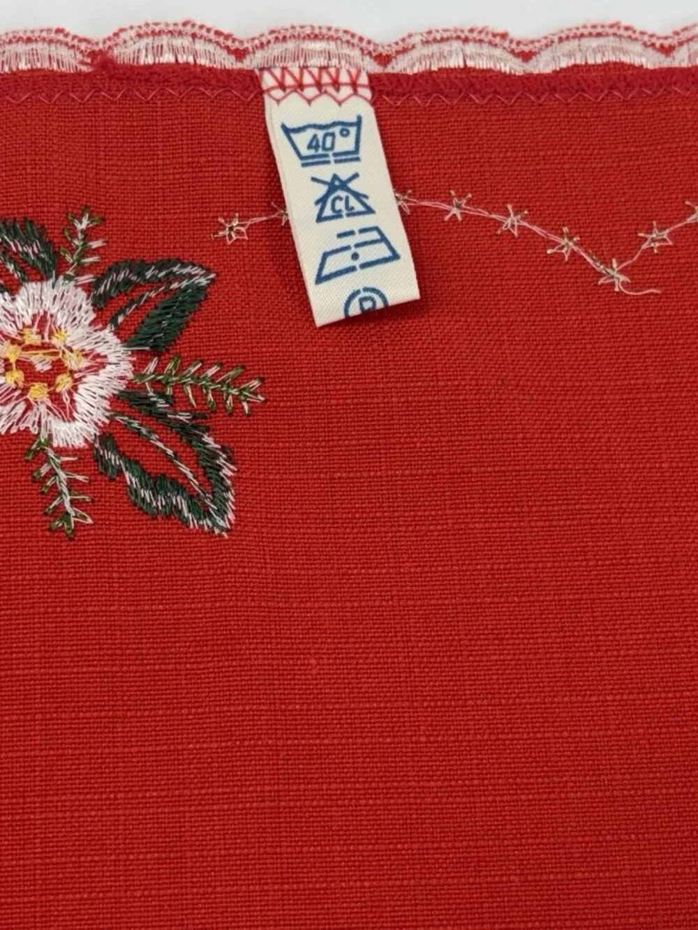 VTG W Germany Red Christmas Table Runner Embroidered Floral Candles Centerpiece